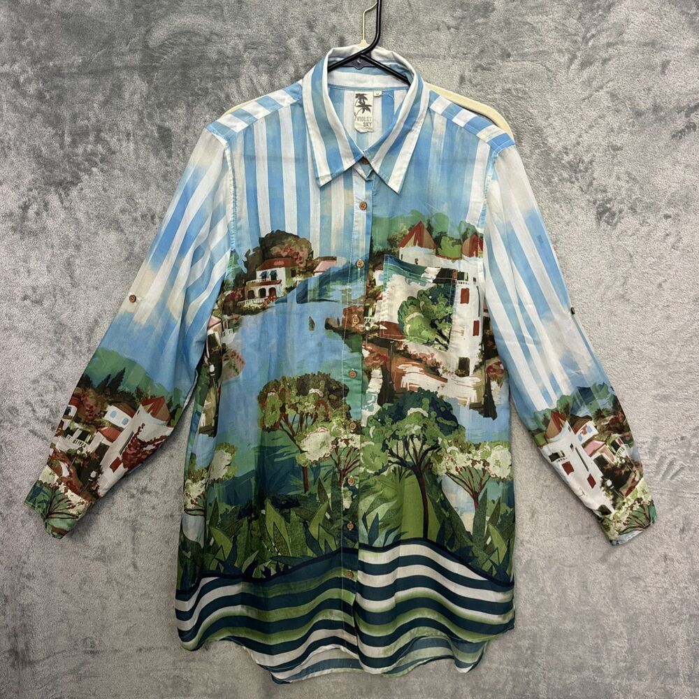 Violet Sky Med Blouse button up tunic landscape scene blue green Cotton